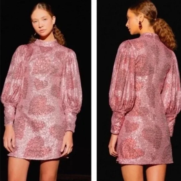Farm Rio Hearts Sequin Long Puff Sleeve Mini Dress Sz M NWT - Picture 2 of 16